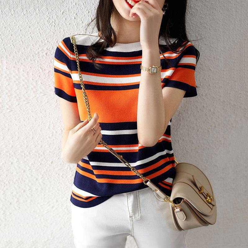 Color-block Crew-neck Knit Top Loose-fitting Sweater