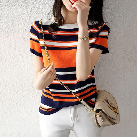 Color-block Crew-neck Knit Top Loose-fitting Sweater
