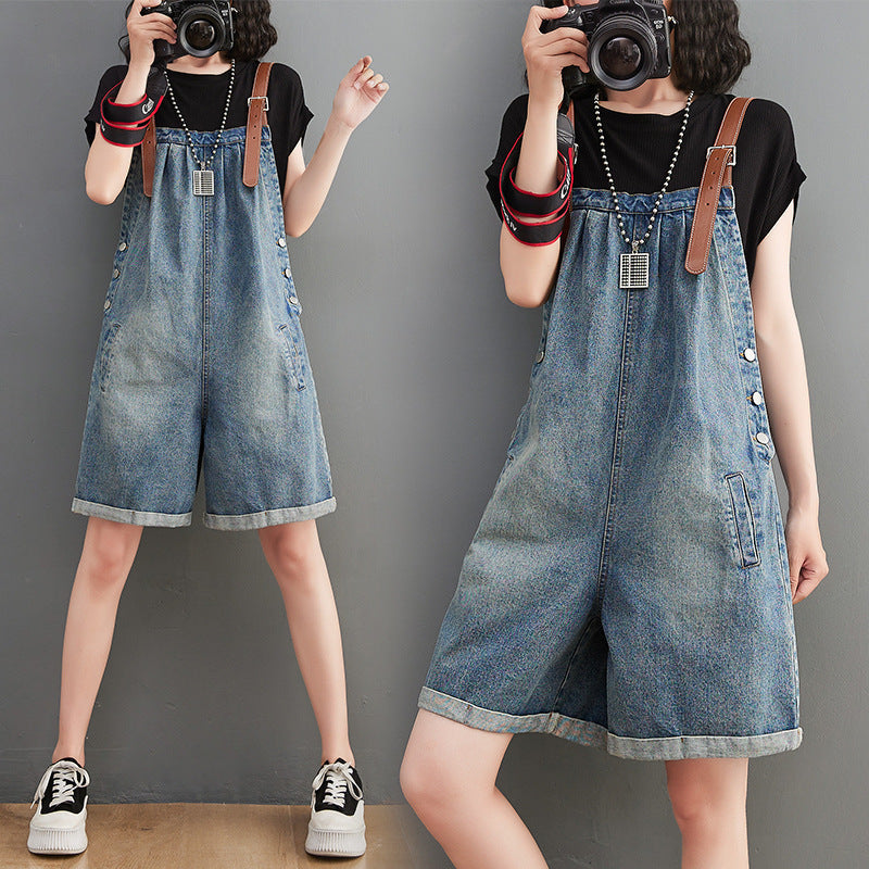 Korean Version Of The New Fat Sister Summer Contrast Color Shoulder Strap Denim Overalls 5 Points