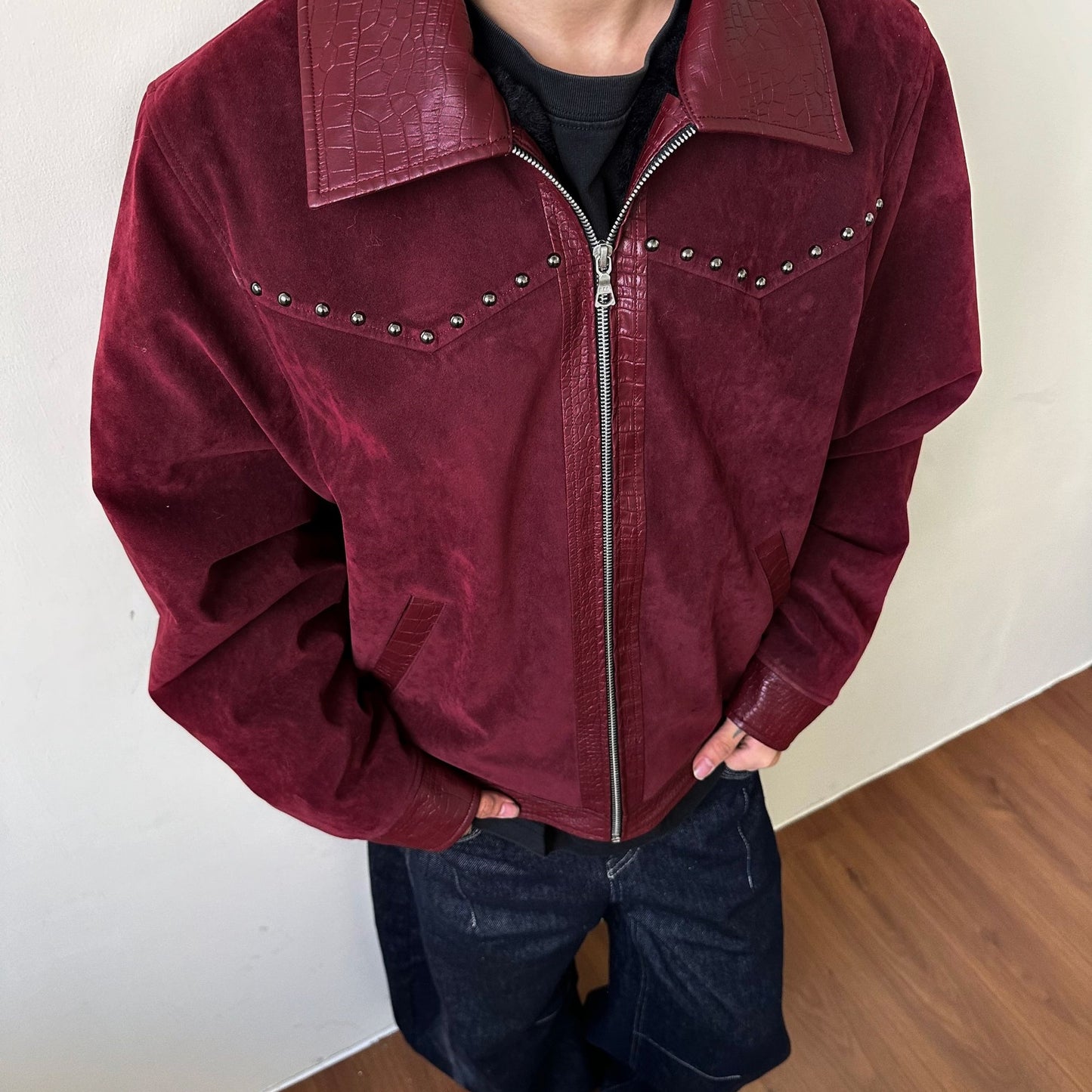 Leather Patchwork Lapel Angola Wool Extra Thick Suede Coat