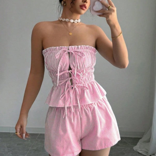Striped Ruffled Midriff-baring Top Elastic-waist Shorts Two-piece Set