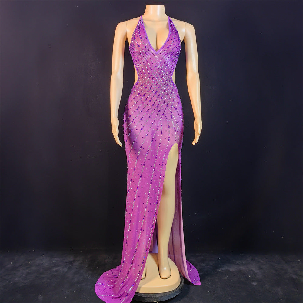 New Elegant Celebrity-Style Party Slip Dress With A Deep V-Neck And Sparkling Rhinestones