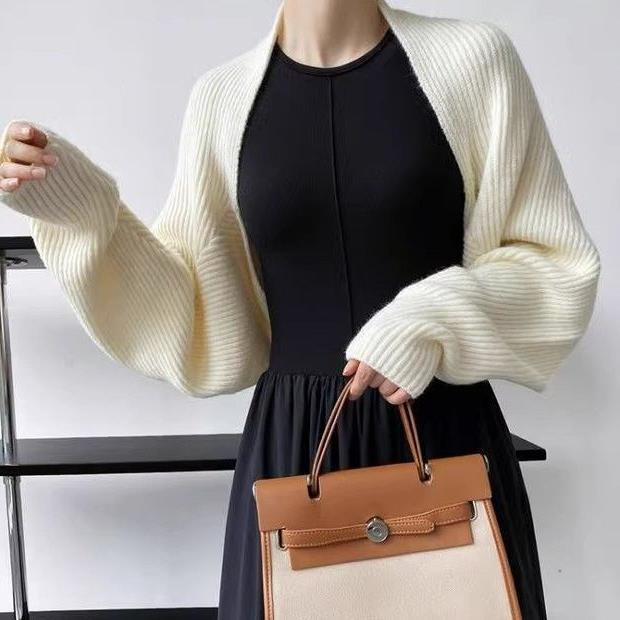 Strikket cardigan-jakke til kvinder, flagermusærmet sweater, kort, temperamentsfuld