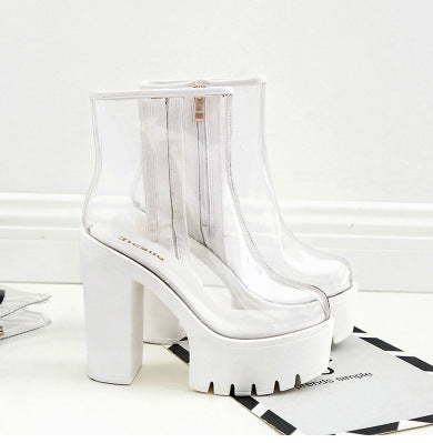 Transparent Film Waterproof Platform Thick Heel Color Matching High Heel Boots