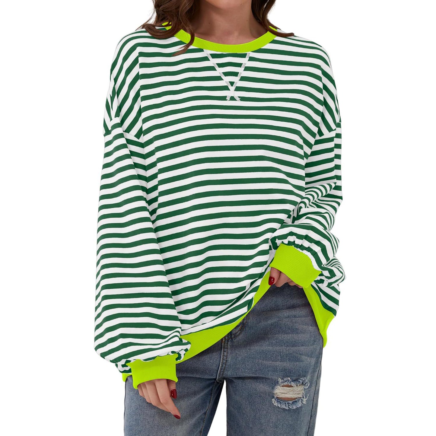 Løs stribet langærmet T-shirt afslappet pullover sweater til dametøj