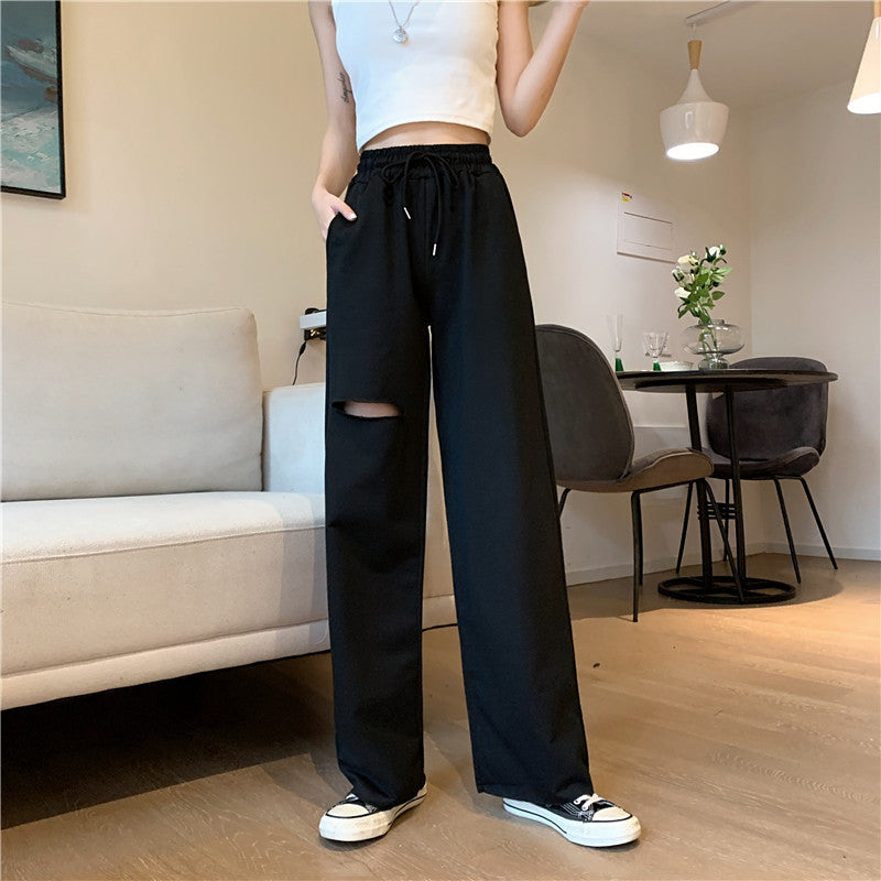 Women's Relaxed-fit Drawstring Design Distressed Wide-leg Trousers