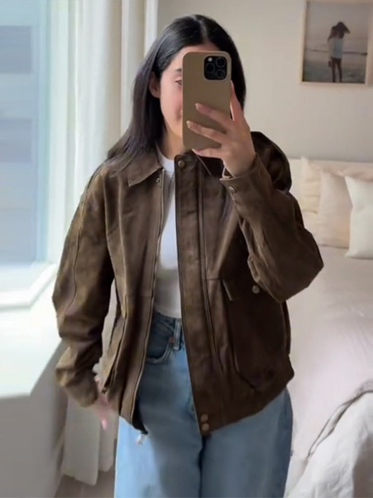 Women's Spring Clothing Personality Retro Suede Fabric Jacket Short Coat