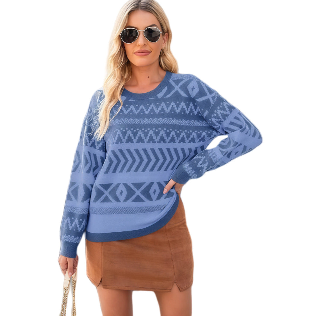 Intellectual Style Unique Long Sleeve Round Neck Knitted Sweater