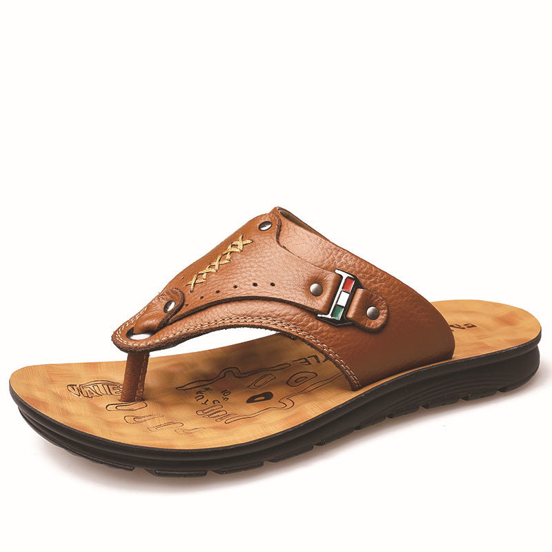 Casual Shoes Open-toe Outdoor Leather Flip-flops With Soft Soles