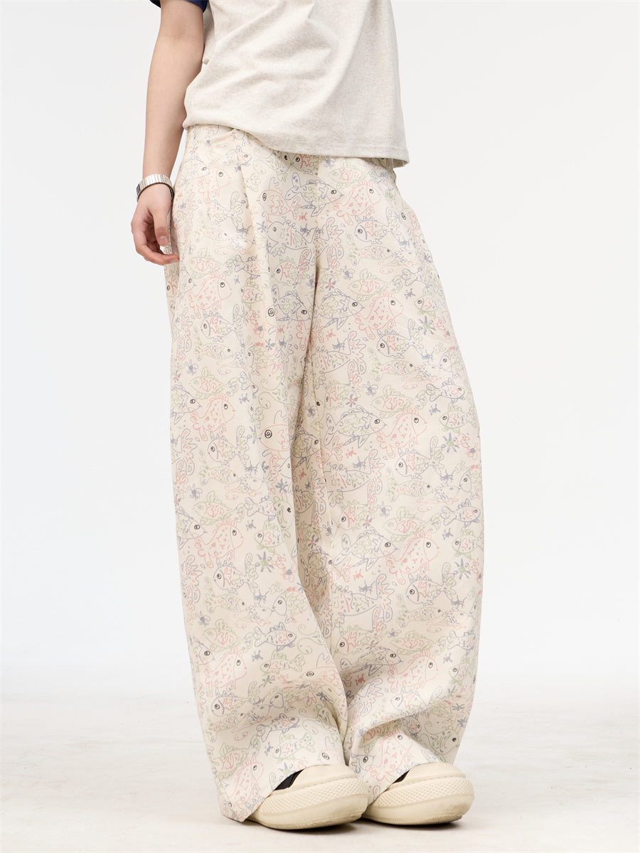 Female American Retro White Printed Graffiti Wide Leg Jeans