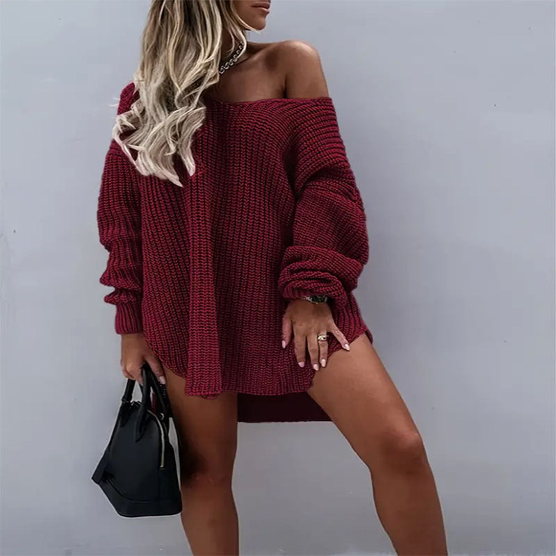 Mid-length Off-shoulder Solid-color V-neck Loose Sweater