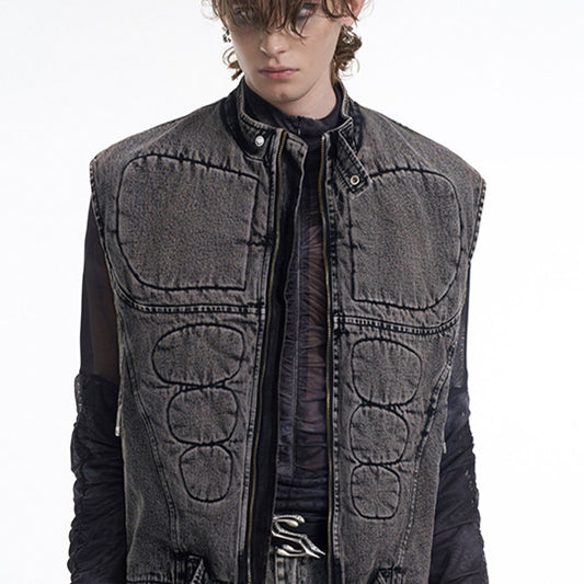 Dorsal Spine Wings Embroidery Short Denim Vest Coat