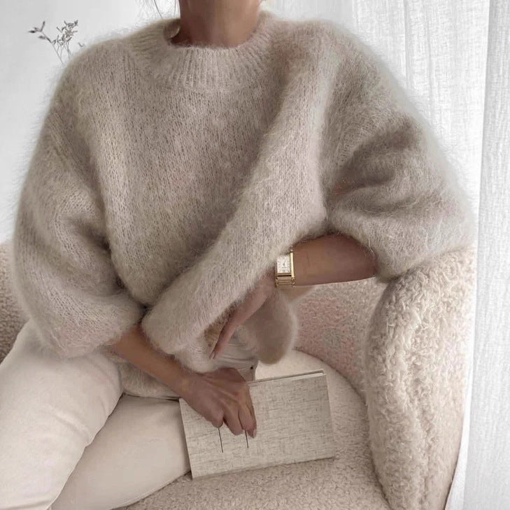 Womens Casual Solid-color Loose-fitting Cozy Plush Long-sleeve Sweater