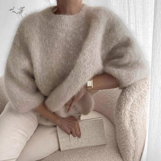 Womens Casual Solid-color Loose-fitting Cozy Plush Long-sleeve Sweater