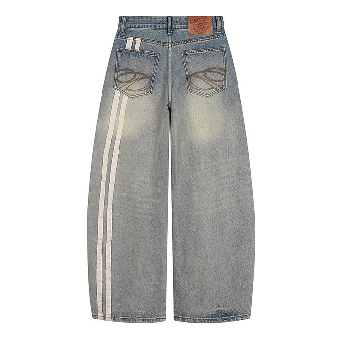 Womens Retro Washed Distressed Wide-Leg Denim Jeans In American Style