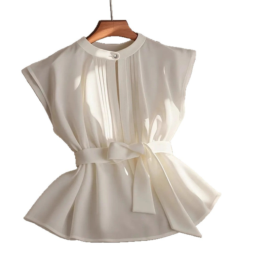 Classic Elegant Solid Color Sleeveless Belted Pleated Shirt
