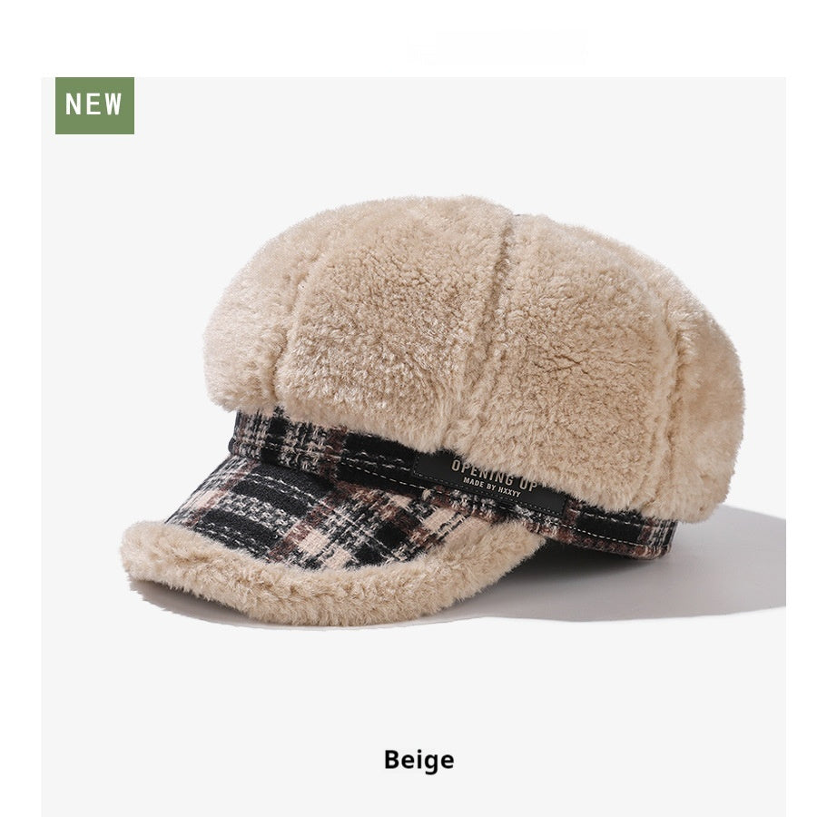 Plush Octagonal Cap South Korea Warm Beret Big Head Suitable For Making Face Look Smaller