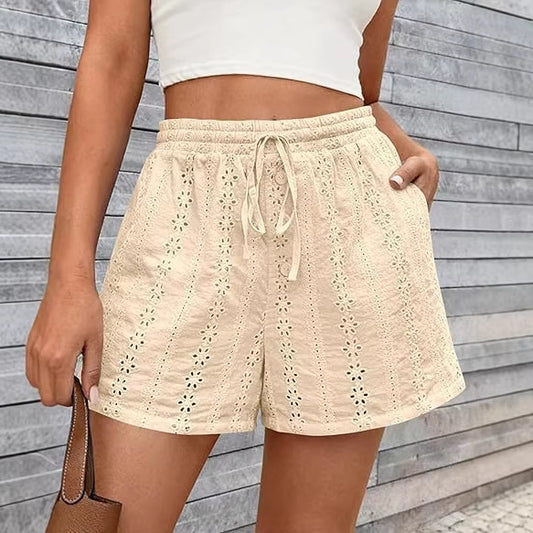 Solid Color Elastic Waist Drawstring Beach Shorts For Women