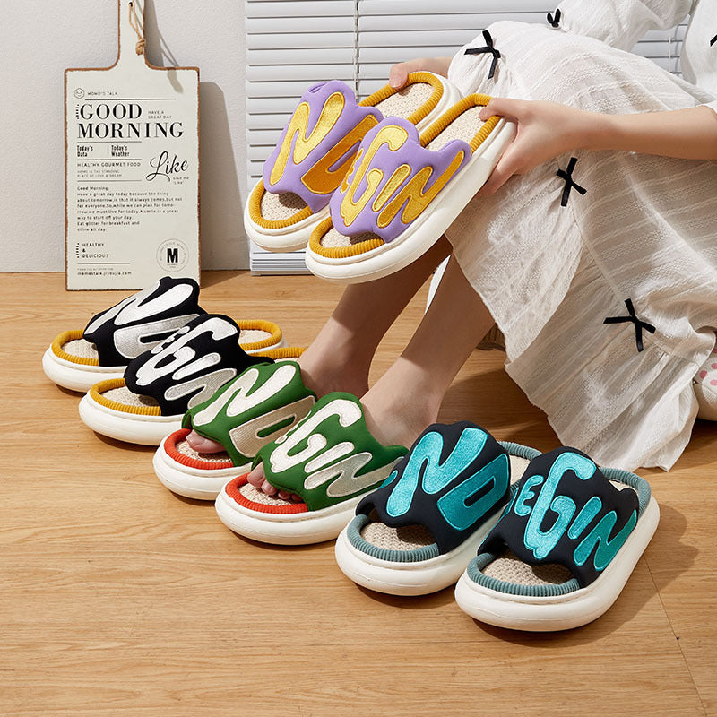 Linen Slippers Women's Men's Face Letter Embroidery