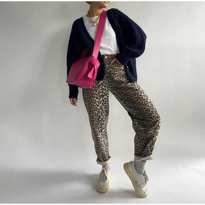Dame Street Retro leopardprintede bukser med brede ben
