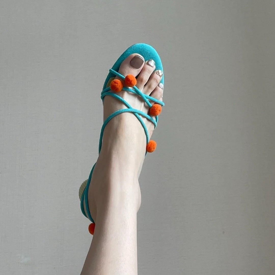 French Genuine Leather Niche Ball Lace-up High-heeled Sandals Thin Strap Open Toe