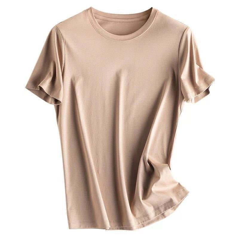 Mulberry Silk Women's Mercerized Cotton T-shirt Fine Solid Color Round Neck Short Sleeves