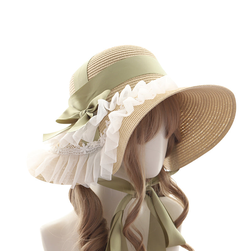 Straw Hat Women's Big Brim Lace Shade Pastoral Bow Ribbon