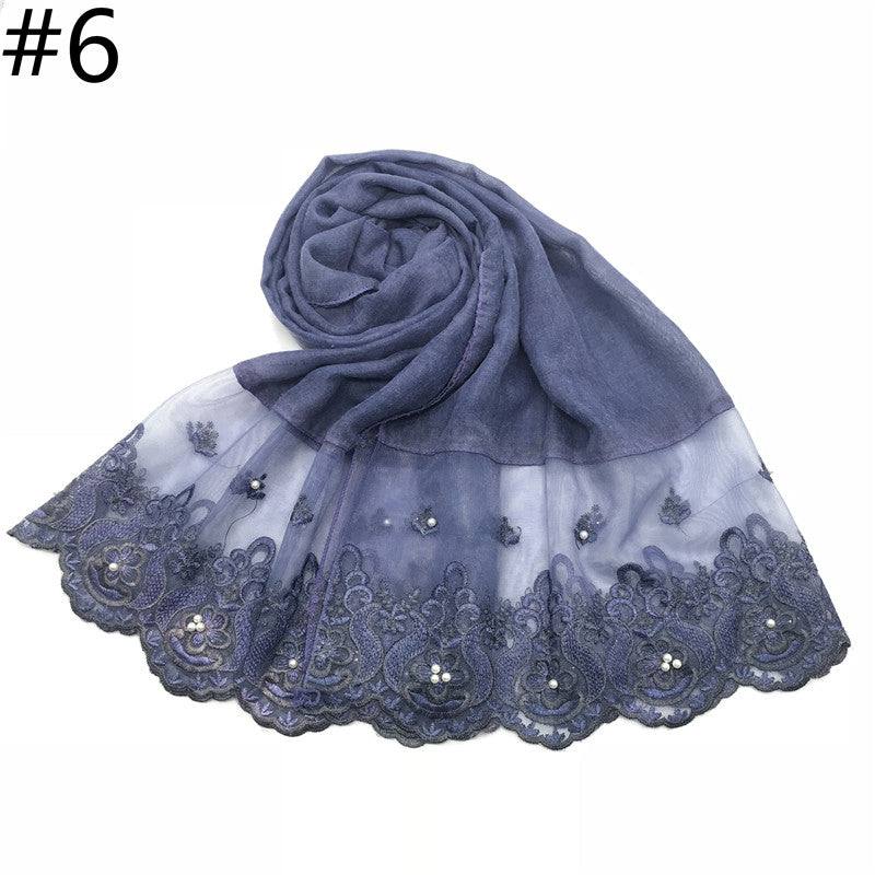Cotton And Linen Solid Color Scarf, Two-end Lace, Set Pearl Toe Cap Scarf
