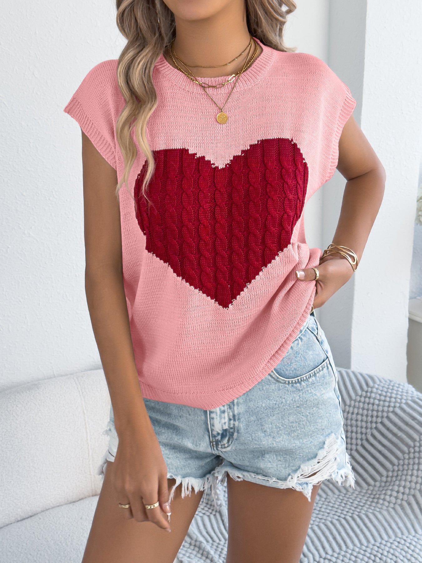 Women's Color-blocked Love Casual Loose Knit Sweater Top