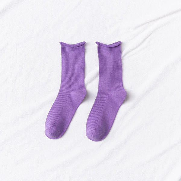 Women's Mid-tube Socks Thin Candy Color Rolled Edge Cotton