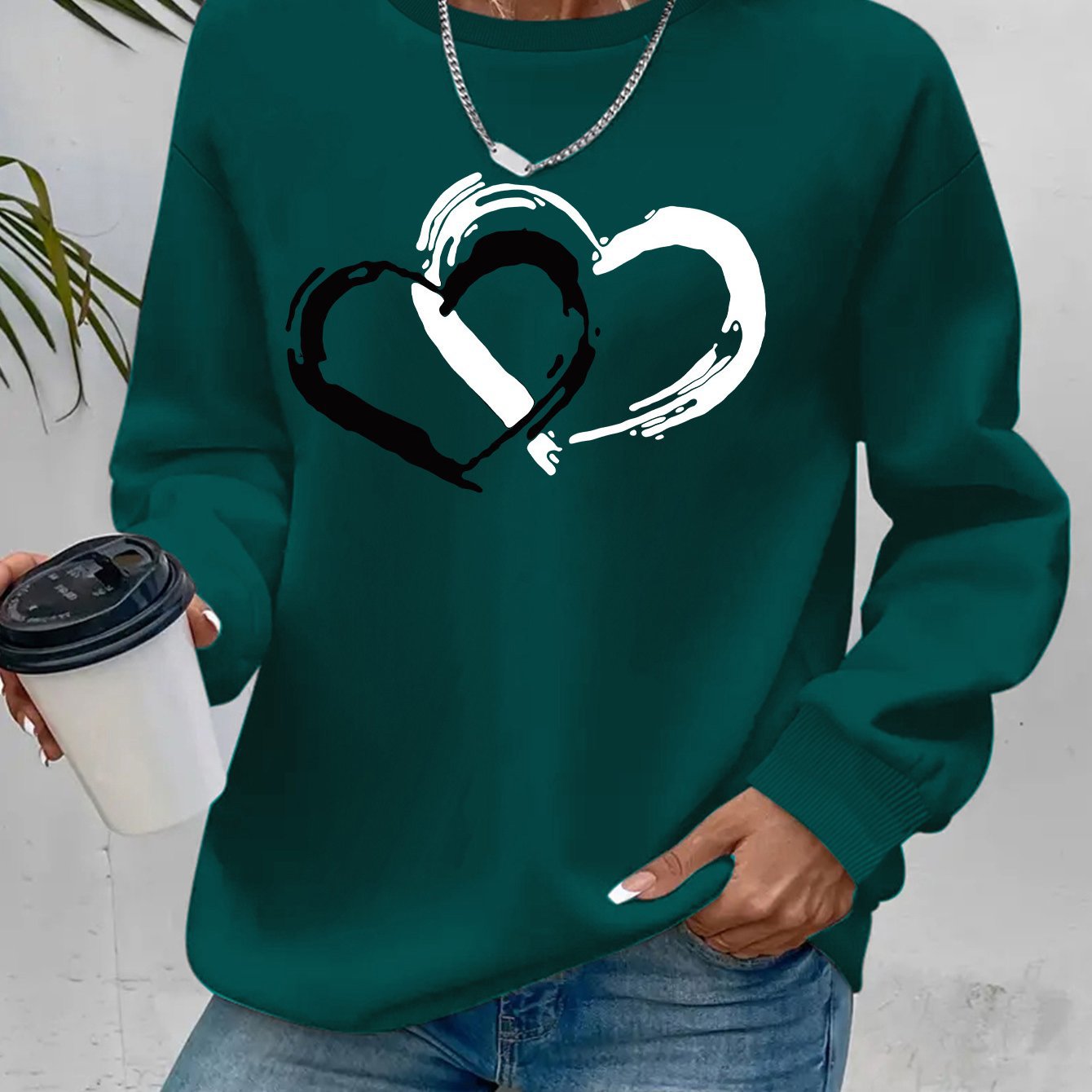 Hjerteprintet rundhalset afslappet sweatshirt dametøj