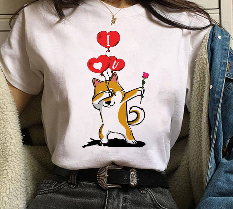 Cute Shiba Inu Print Men And Women Couple T-shirt Bottoming