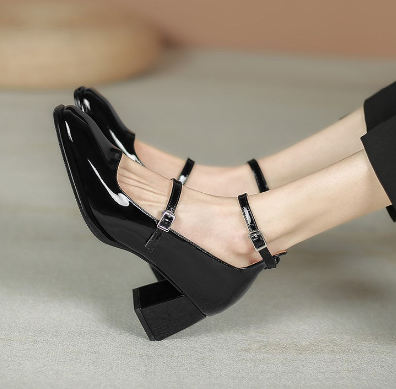 Vintage Thick Heeled Patent Leather Single Shoes