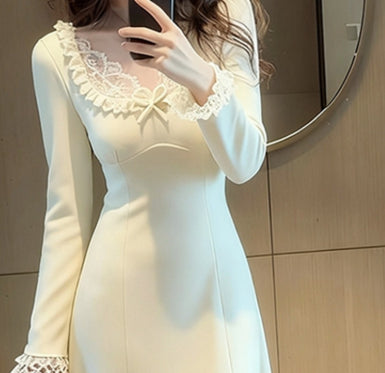 Early Autumn FrenchStyle Elegant Lace Knit Dress