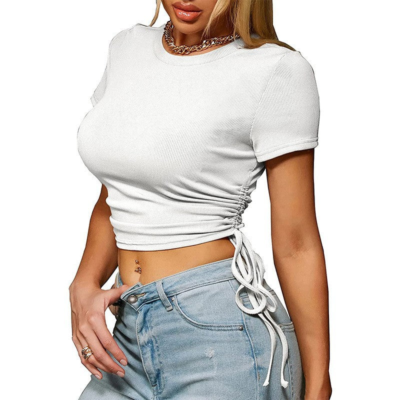 Fashion Women's Wear Summer Midriff-baring Top Round Neck Short Sleeve