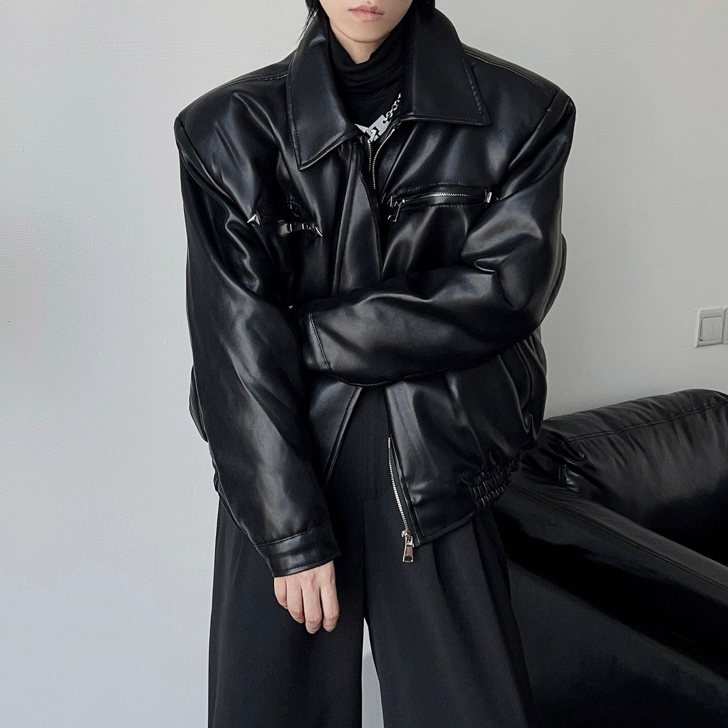 Men's High-grade Profile Casual Retro Metal Buckle Motorcycle Leather Coat