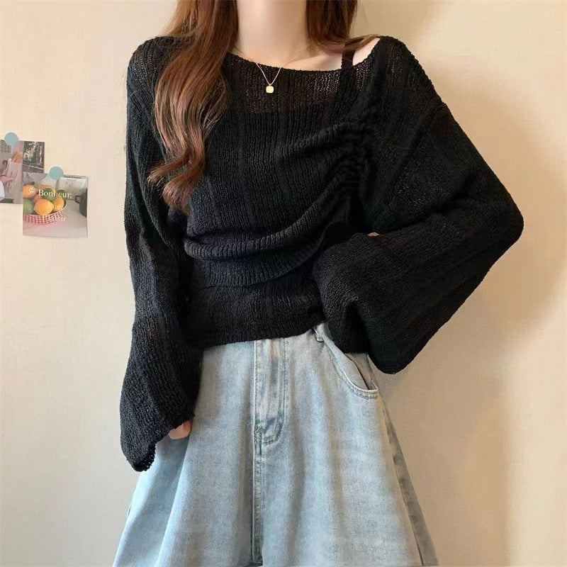 Knitwear High-grade Short Off-shoulder Long-sleeved Top Two-piece Set