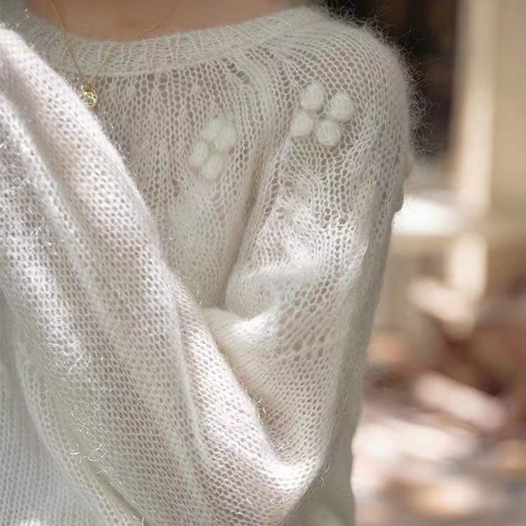 Retro High-grade White Mohair Sweater For Women