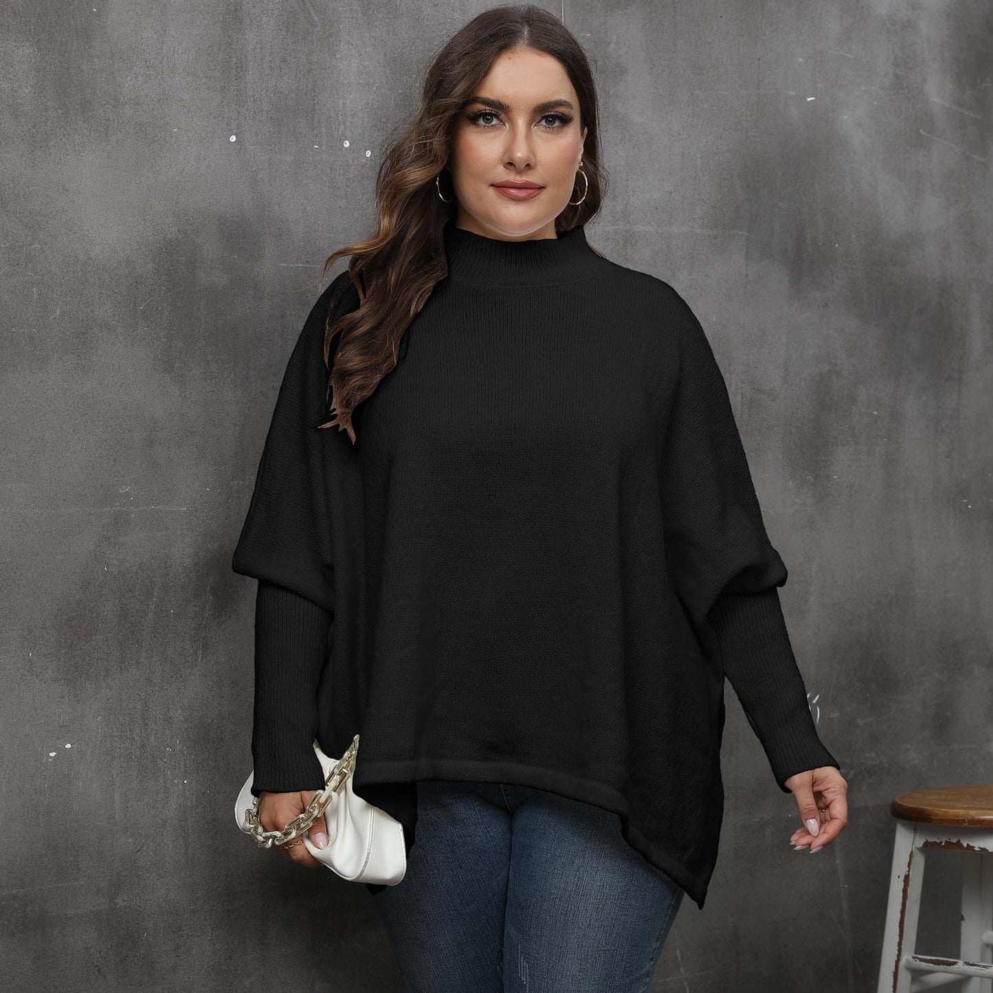 Women's Pullover Plus Size Loose Split Batwing Sleeve Half Collar Top
