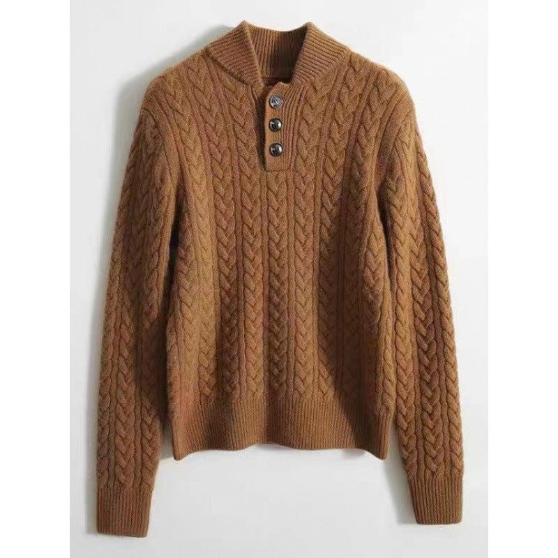 Baseball Collar Twisted String Textured Knitted Sweater For Women