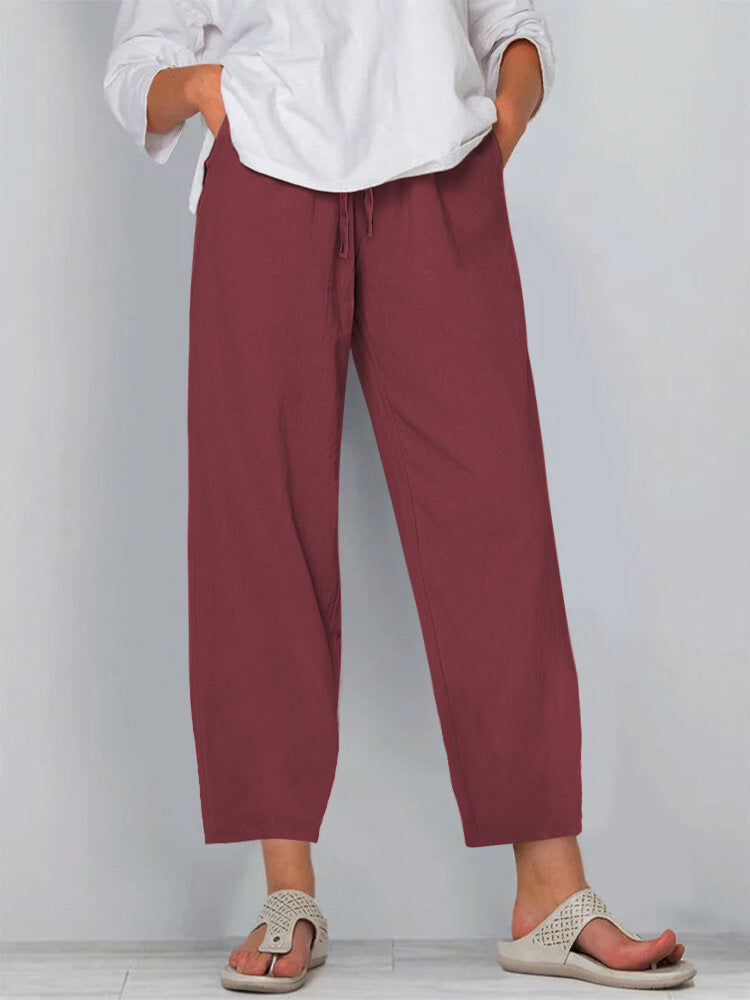 Elastic Waist Solid Color Cotton And Linen Wide Leg Casual Trousers