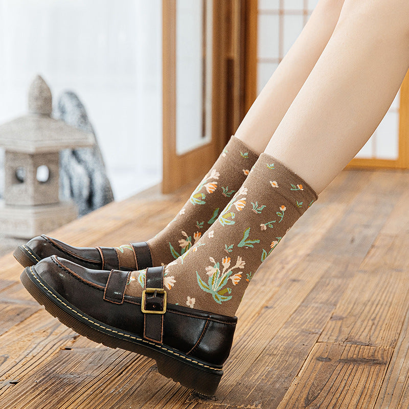 Mid Tube Mori Flower Stockings Street Illustration Sports Socks