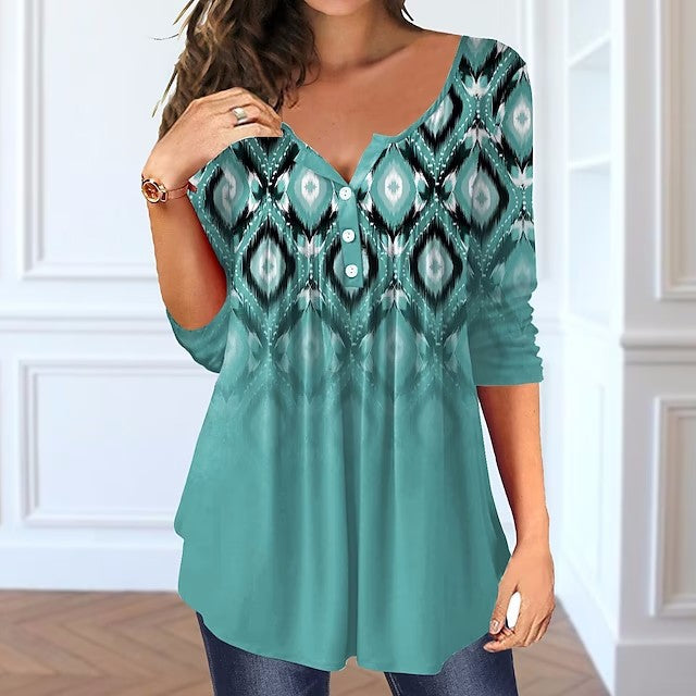 Beauty Summer Loose V-neck Pullover Short Sleeve Button Printed T-shirt