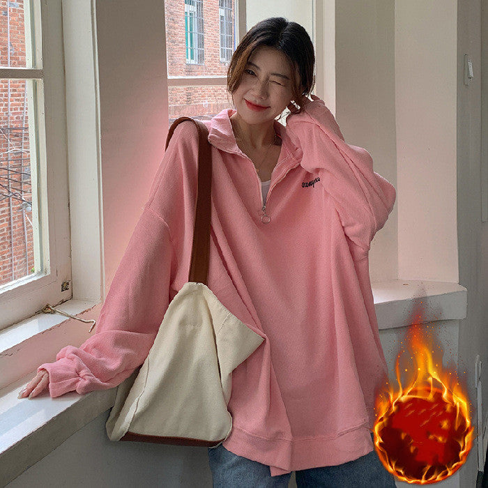 Loose Mid-length Velvet Stand Collar Sweater For Women