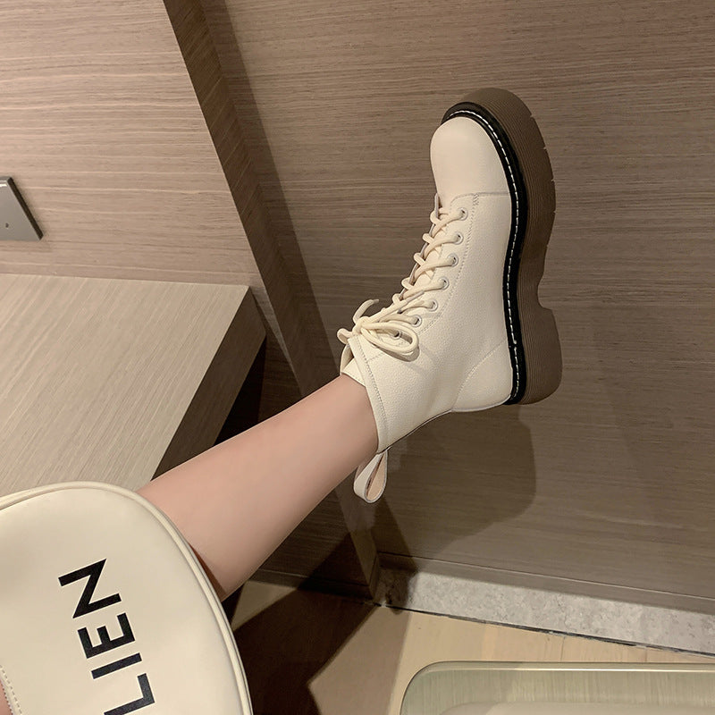 Lace-up Ankle Boots Martin Women Lychee Pattern Cowhide