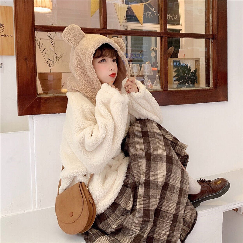 Cute Bear Ear Coat For Women Lamb Wool Winter Cardigan Top