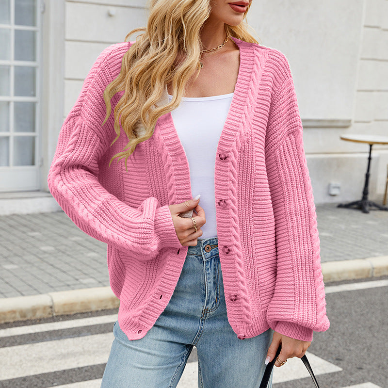 Women's Loose Long-sleeved V-neck Twisted Knitted Sweater Coat