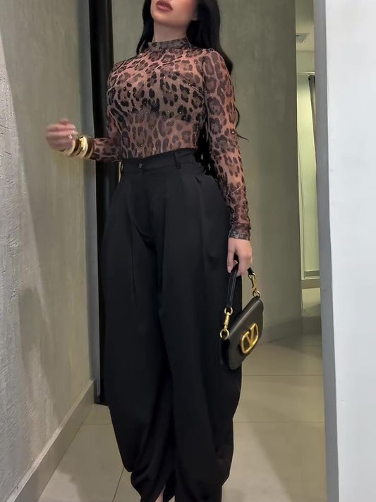 Leopard Print High Neck Diamond Long Sleeve Top