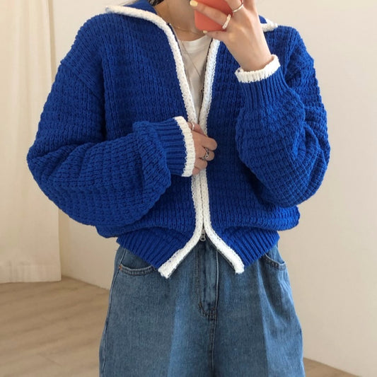 Contrast Thick Needle Zipper Cardigan Sweater Coat Women's Vintage Lapel
