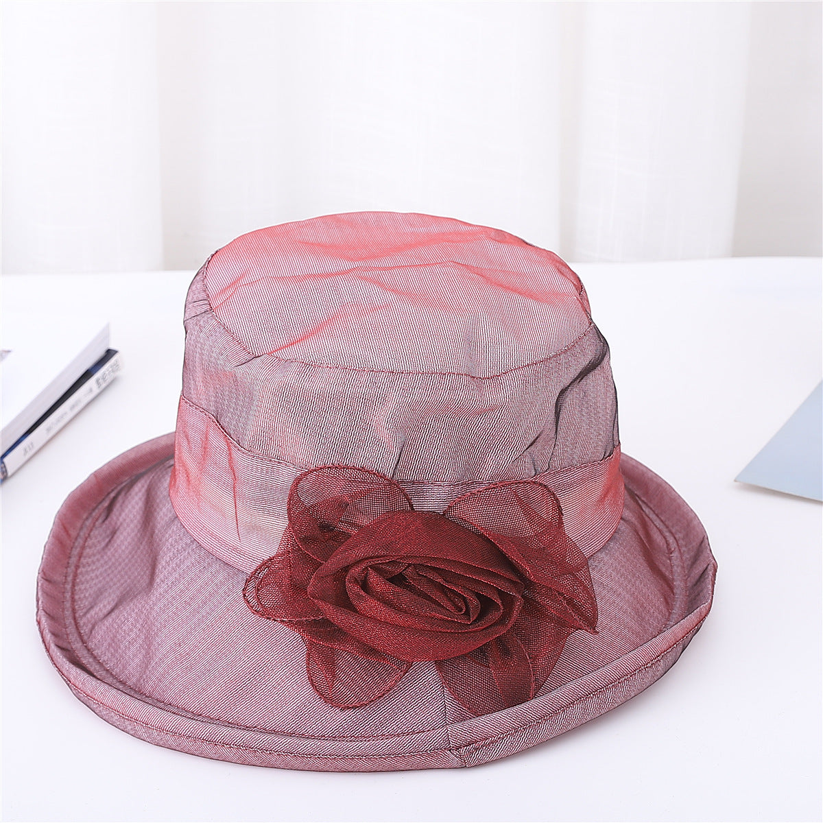 Ladies Organ Mesh Flower Top Hat Shade Foldable